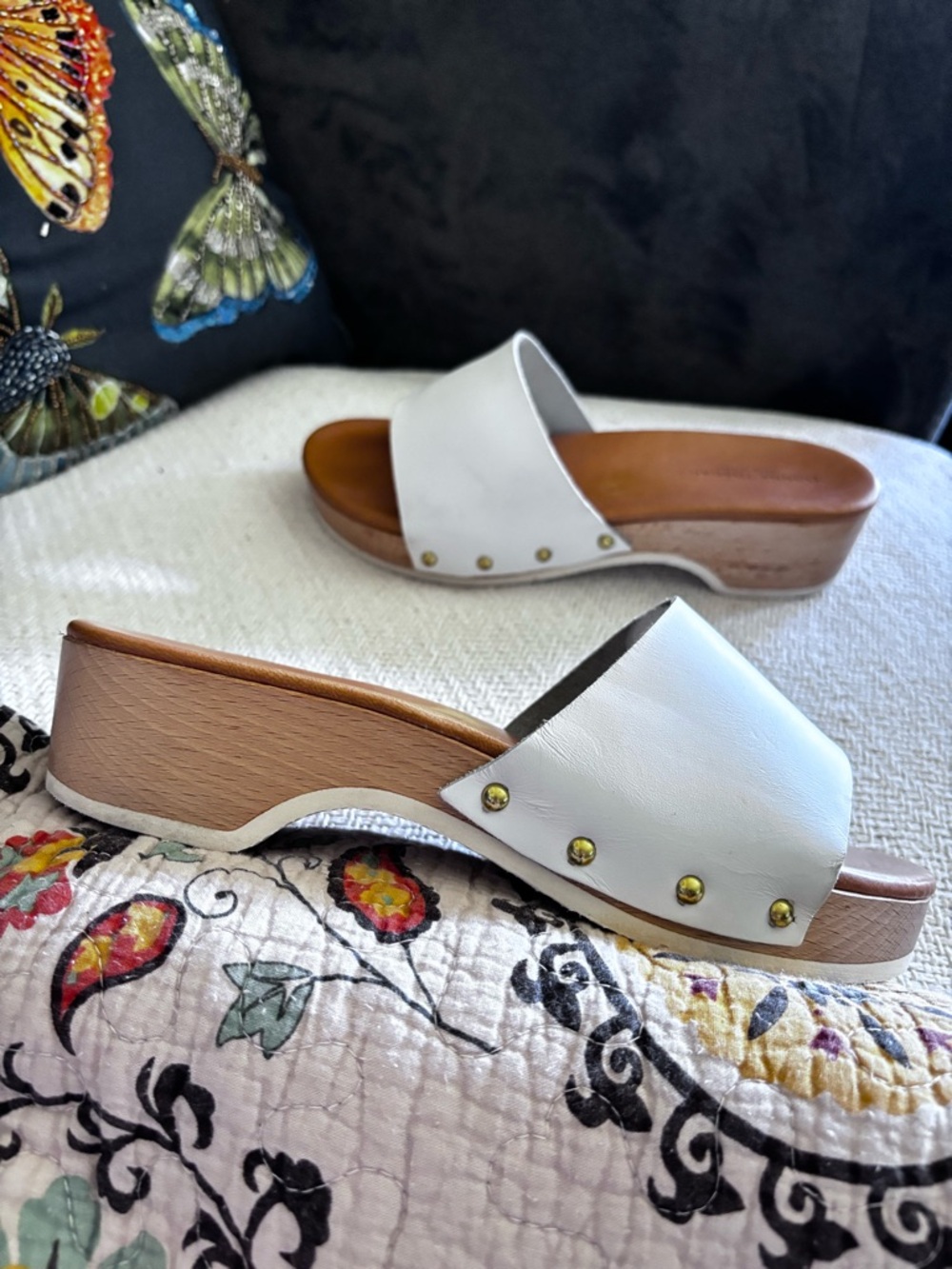 Studded White  Leather Wooden Clog Slides Made In Italy Size 8.5